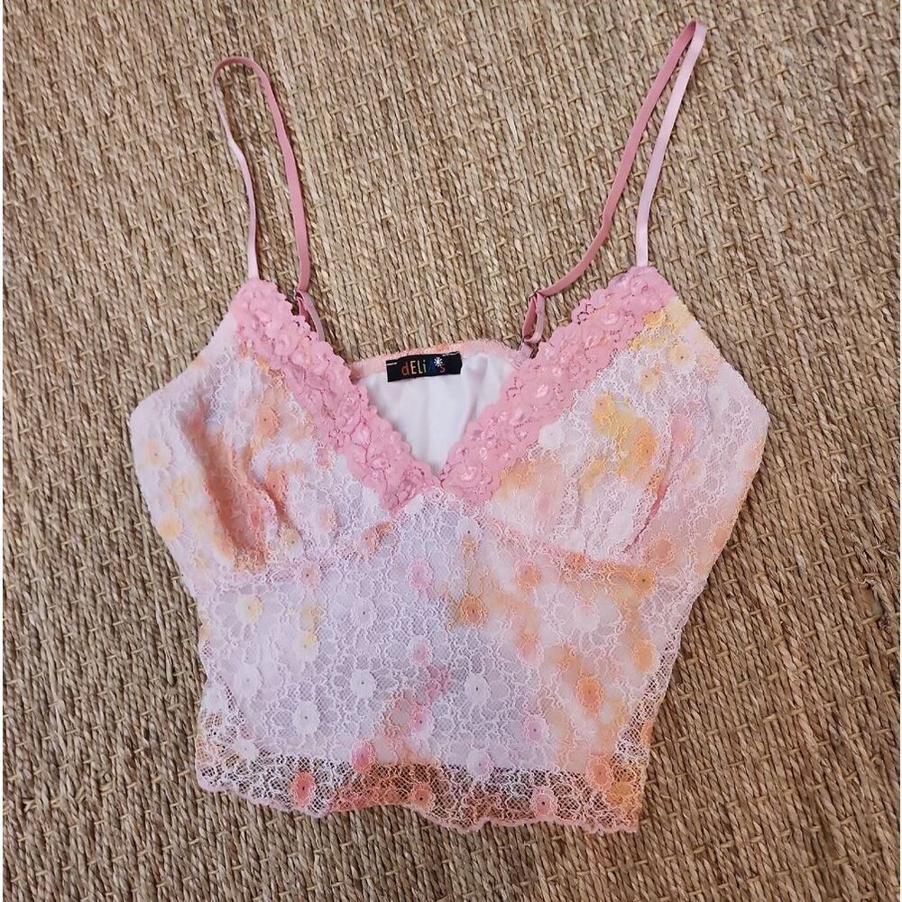Dolls Kill Pink & Peach Lace Floral Camisole Size S NWOT